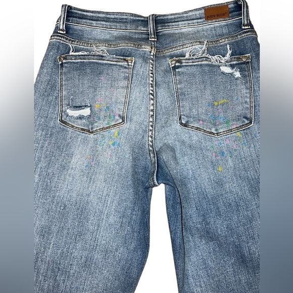 {EUC Judy Blue Christine Rainbow Paint Splatter Boyfriend Distressed Jeans 7/28} - Picture 5 of 16